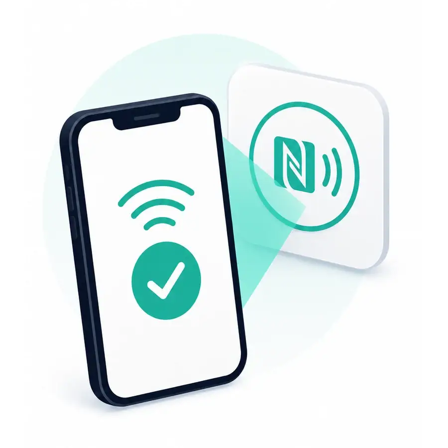 Smartphone bestätigt einen Check-in an einem NFC-Tag