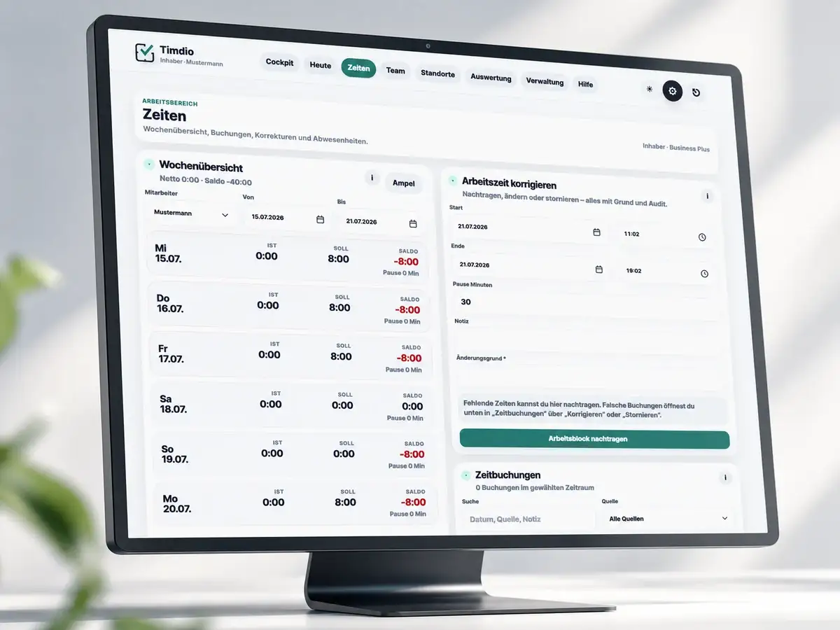 Timdio Desktop-Arbeitsbereich Zeiten für Inhaber und Verantwortliche mit Wochenübersicht, Korrekturen und Zeitbuchungen