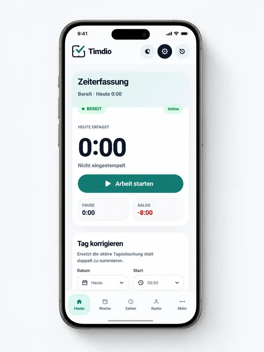Timdio Smartphone-Mockup mit Zeit-Check-in und Schaltfläche Arbeit starten