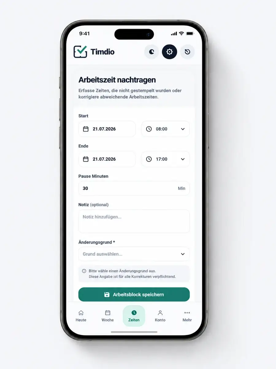 Timdio Smartphone-Mockup zum Nachtragen und Korrigieren von Arbeitszeit