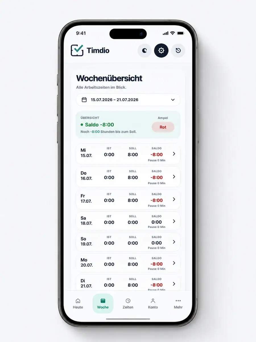 Timdio Smartphone-Mockup mit Wochenübersicht, Soll, Ist und Saldo